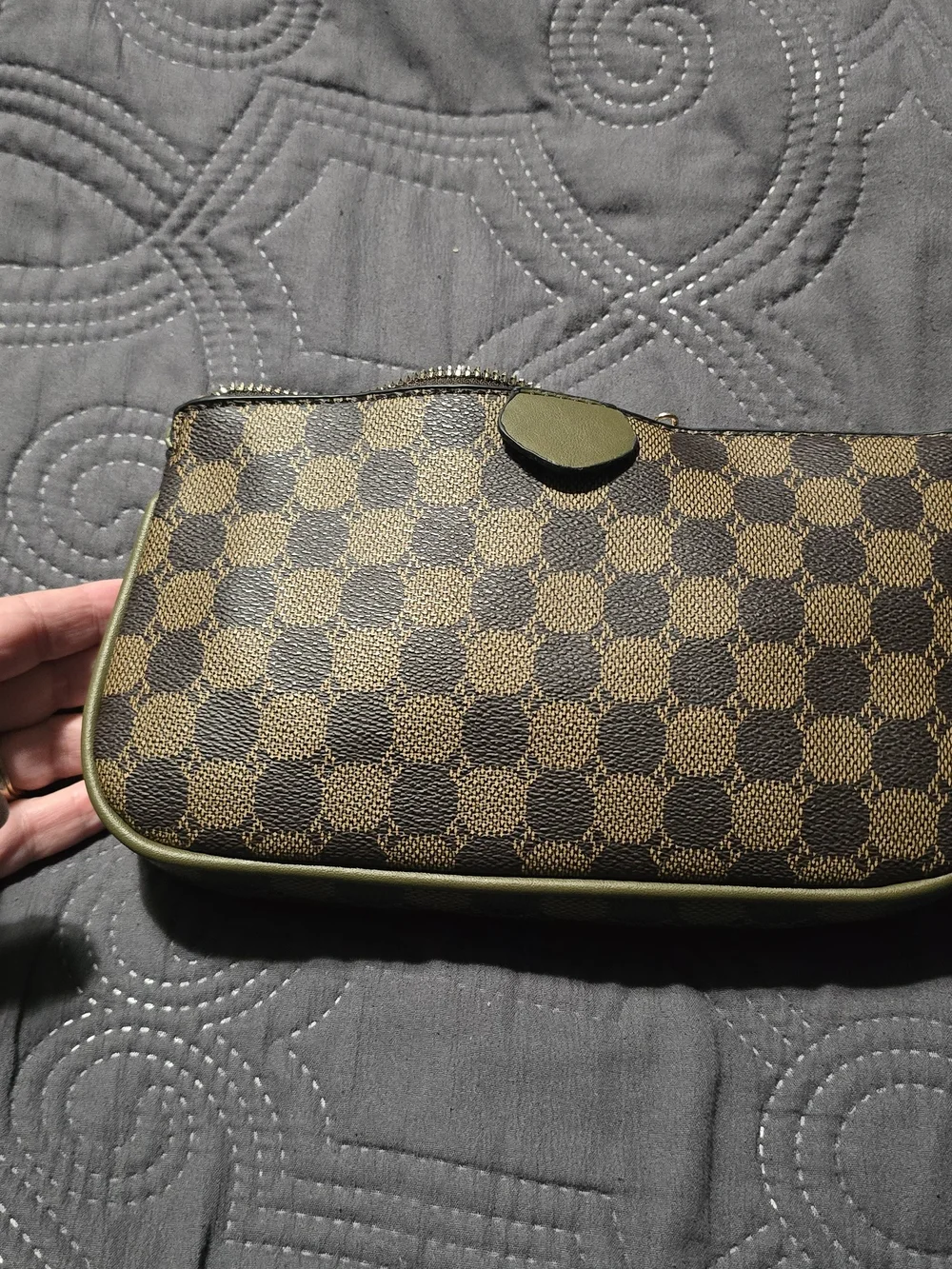 Brown Check Crossbody Bag with Olive Trim
